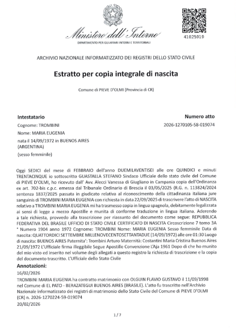 Acta integral italiana solicitada al comune para presentar ante el consulado para el trámite de AIRE